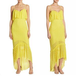 LIKELY Birchleigh Hi-Low Midi Dress Ruffle Floral Sunny Yellow Size 6